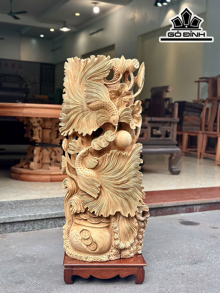 Tượng Cá Xiêm Tài Lộc Gỗ Ngọc Am Cao 100 Ngang 45 Sâu 18 (cm)