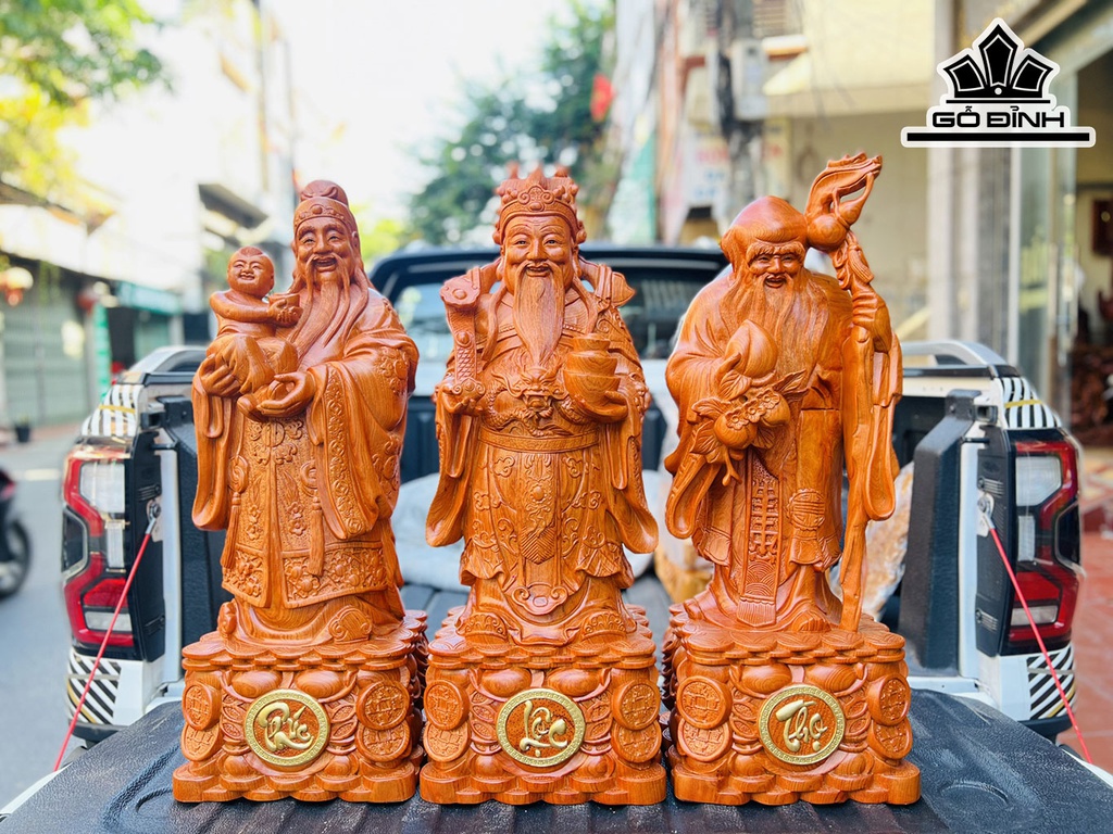 Tượng Phúc Lộc Thọ (Tam Đa) Gỗ Hương Cao 80 Ngang 30 Sâu 22 (cm)