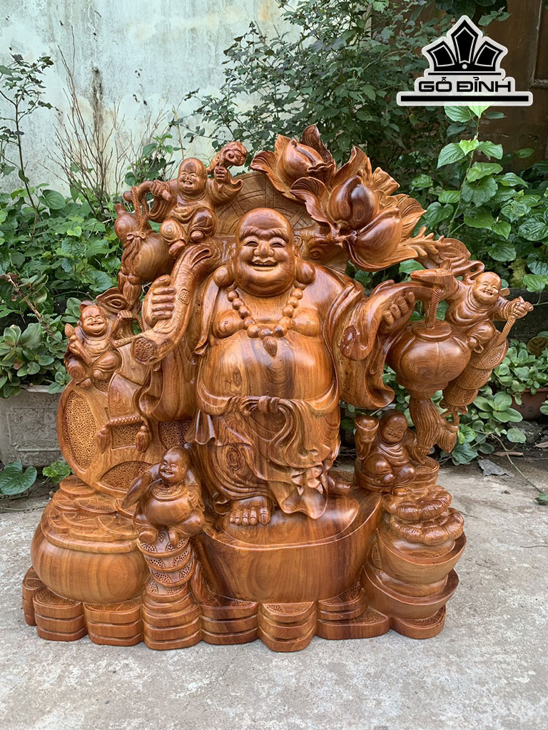Tượng Phật Di Lặc Ngũ Phúc Gỗ Hương Cao 80 Ngang 70 Sâu 21 (cm)