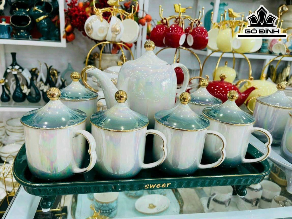 Bộ Ấm Chén Có Nắp Đậy Gốm Tàu