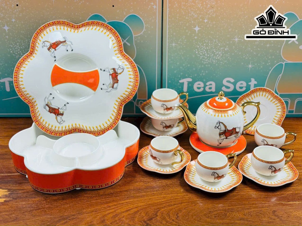 Bộ Ấm Chén Và Khay Để Mứt Gốm Tàu