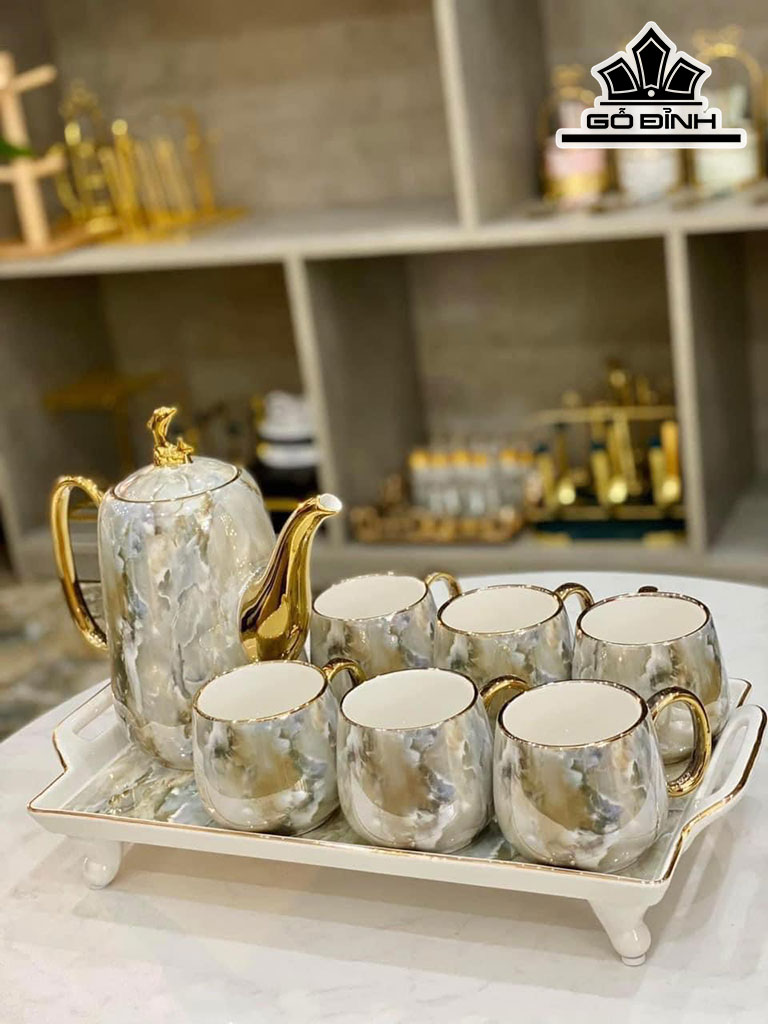 Bộ Ấm Chén Vân Đá Gốm Tàu