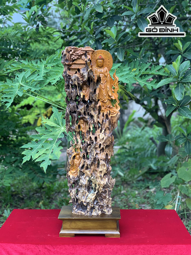 Tượng Nhất Tâm Bái Phật Gỗ Lũa Đinh Hương Cao 81 Ngang 30 Sâu 14 (cm)