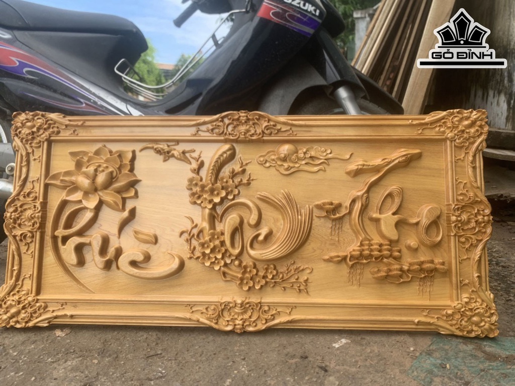 Tranh Phúc Lộc Thọ Gỗ Pơ Mu Cao 44 Ngang 120 Dày 3 (cm)