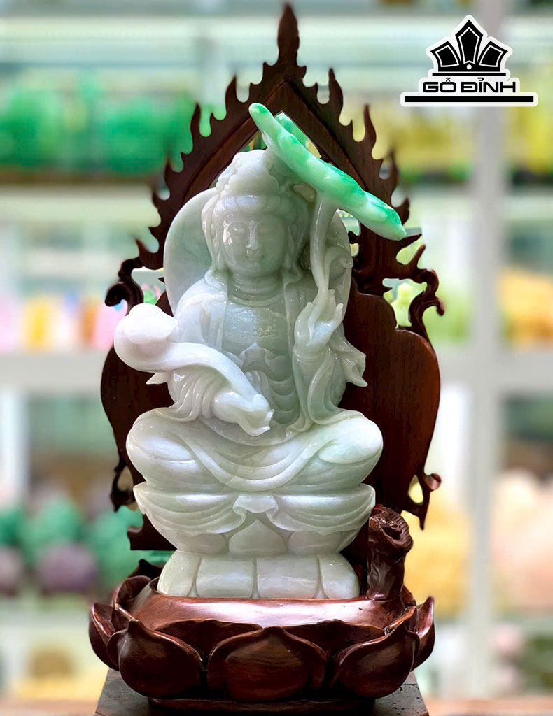 Tượng Phật Bà Tọa Đài Sen Đá Cẩm Thạch Cao 39 Ngang 19 (cm) 3,6kg
