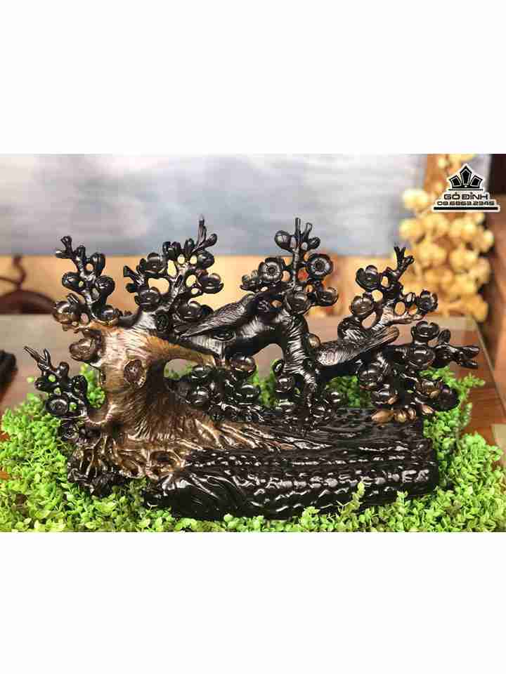 Tượng Chậu Mai Điểu Gỗ Mun Sừng  Cao 34 Rộng 55 Dày 20 (cm)