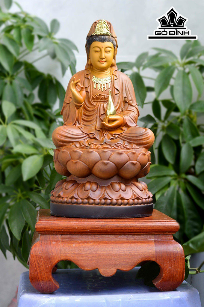 Tượng Phật Bà Quan Âm Gỗ Bách Xanh Cao 30 Ngang 15 Sâu 15 (cm)