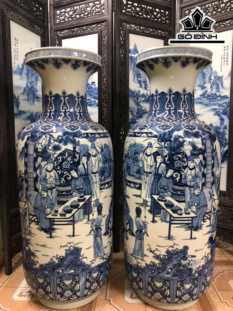 Đôi Bình Vẽ Tràm Vinh Quy Bái Tổ Gốm Giang Tô Cao 127 Đường Kính Bụng 160 (cm)