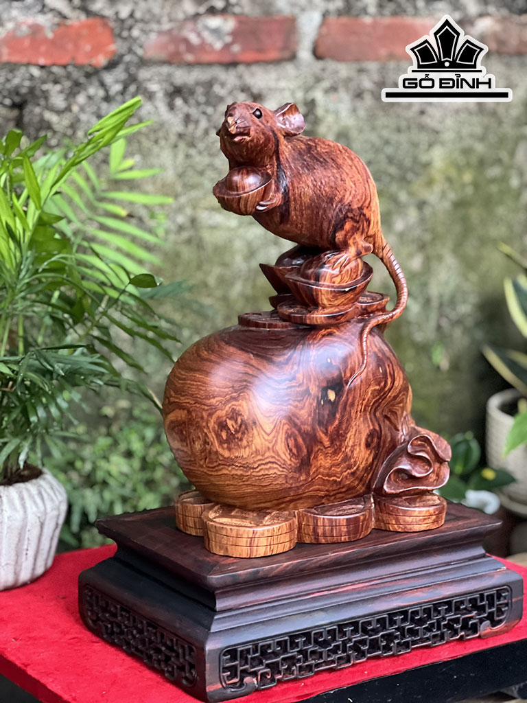 Tượng Chuột Phong Thủy Gỗ Cẩm Cao 27 Ngang 25 Sâu 15 (cm)