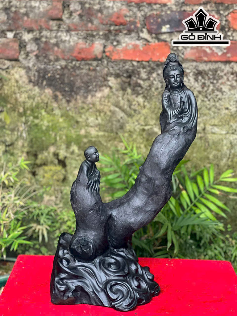 Tượng Phật Bà Quan Âm Gỗ Mun Sừng Cao 52 Ngang 25 Sâu 20 (cm)