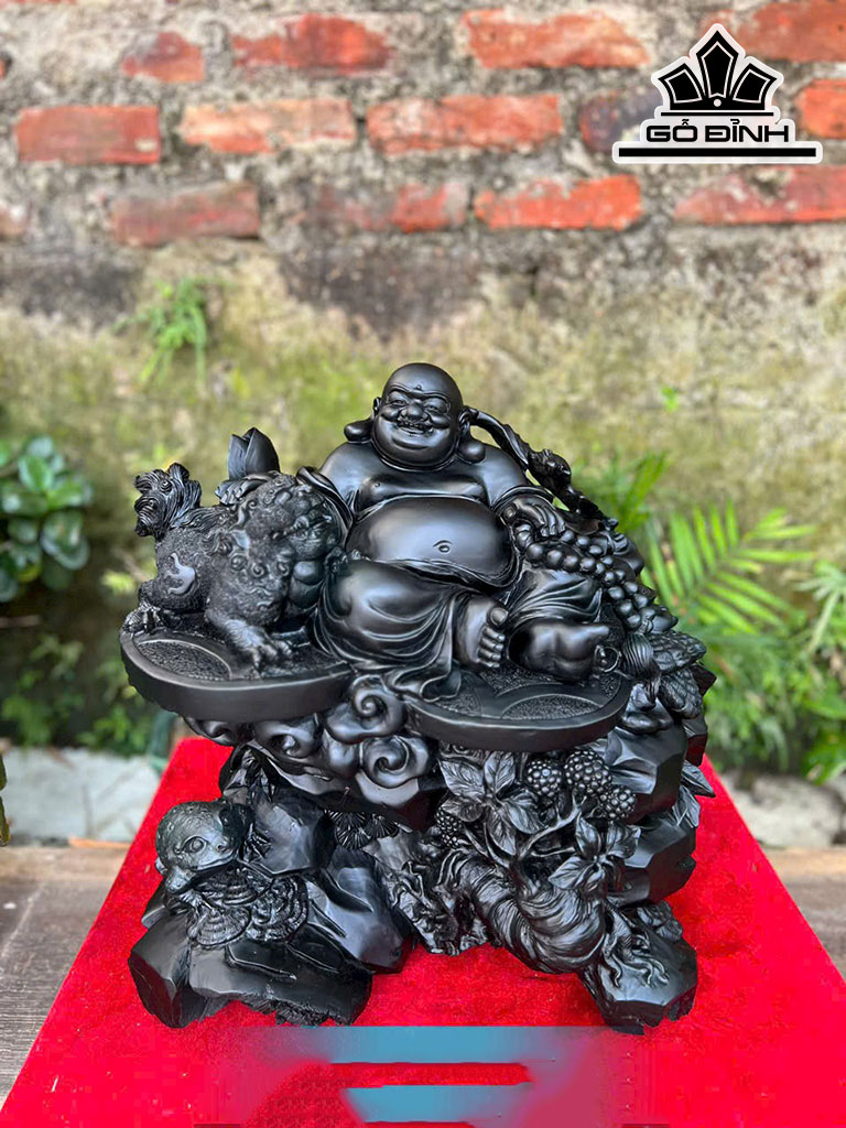 Tượng Phật Di Lặc Ngồi Chum Tiền Gỗ Mun Sừng Cao 40 Ngang 42 Sâu 30 (cm)