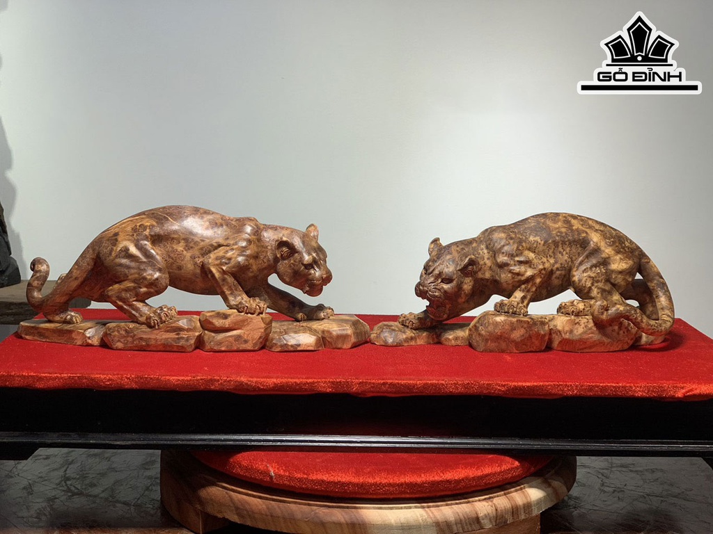 Đôi Báo Gỗ Nu Ngọc Am Cao 12 Ngang 31-28 Sâu 7-9 (cm)