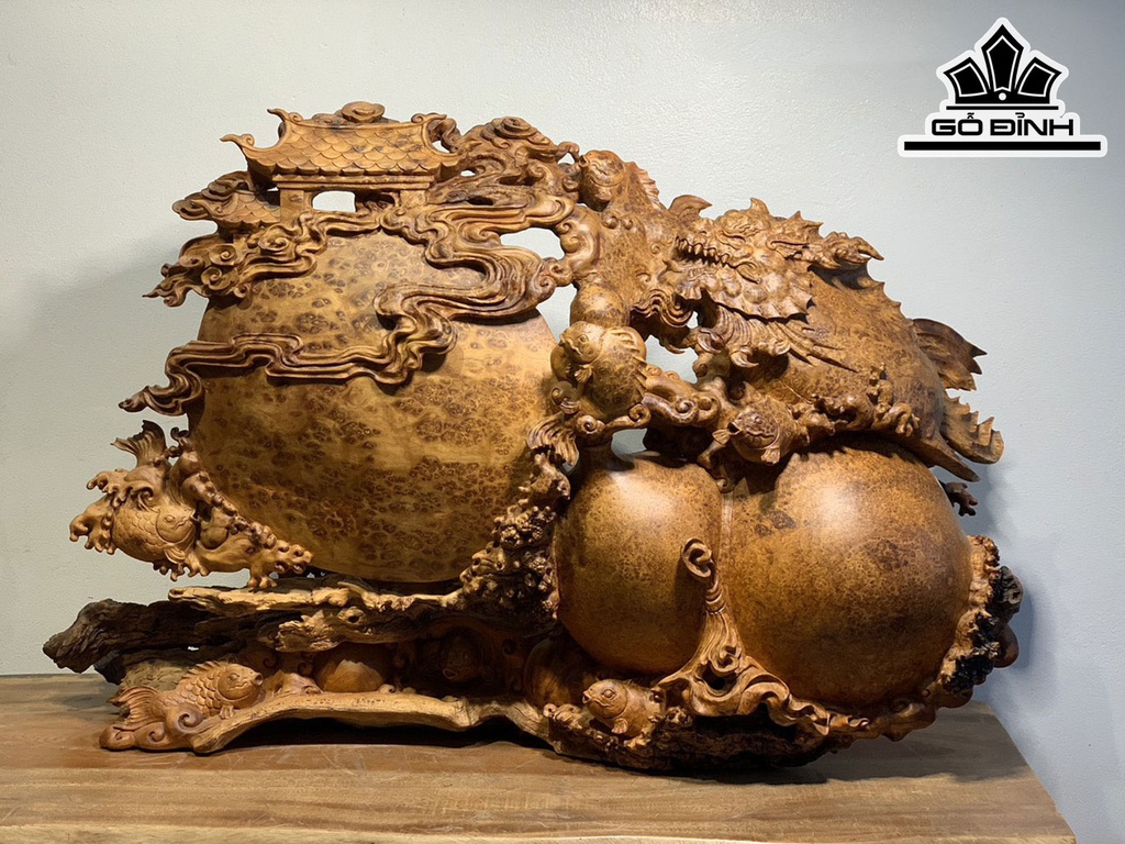 Tượng Cá Chép Hóa Rồng Gỗ Nu Hương Cao 61 Ngang 92 Sâu 25 (cm)