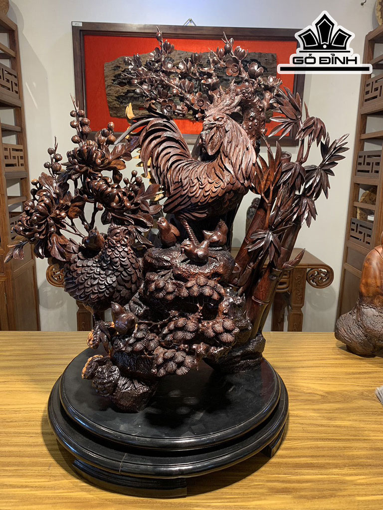 Tượng Gia Đình Gà Gỗ Trắc Cao 80 Ngang 75 Sâu 45 (cm)