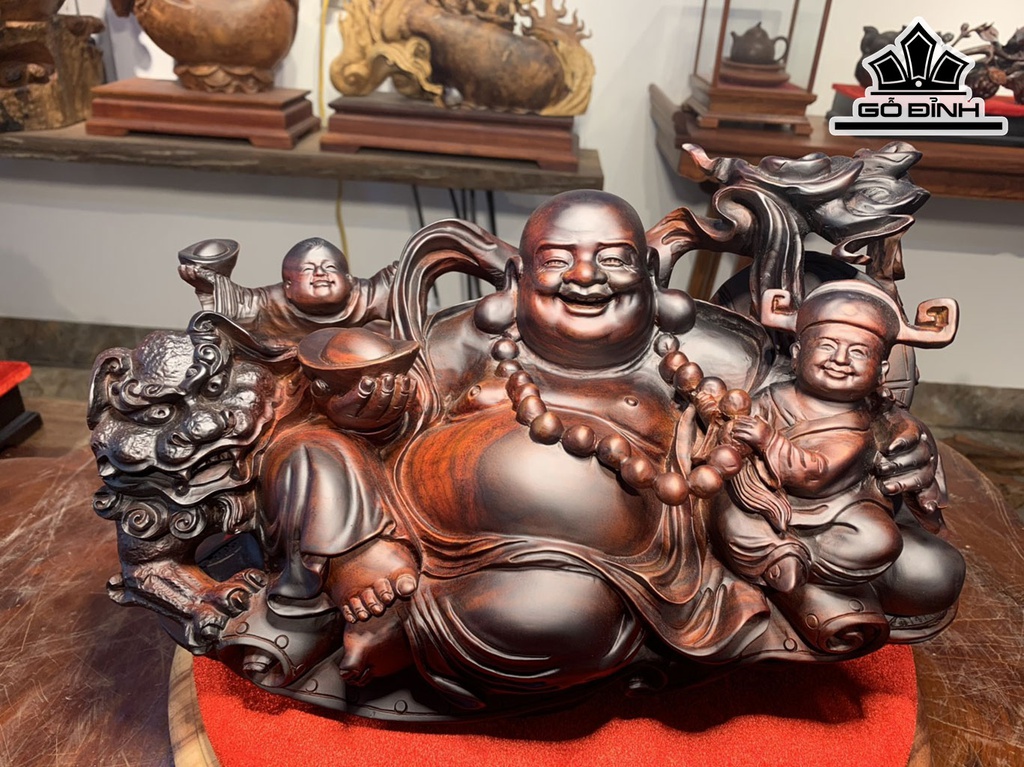 Tượng Phật Di Lặc Nhị Phúc Gỗ Trắc Cao 22 Ngang 39 Sâu 20 (cm)