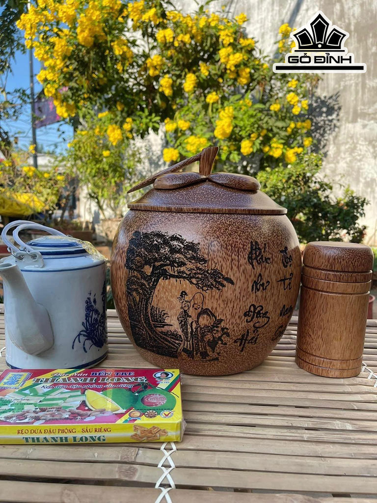 Vỏ Bình Giữ Nhiệt Nắp Măng Cụt Khắc Chữ Phúc Thọ Gỗ Dừa Loại 2,5 Lít