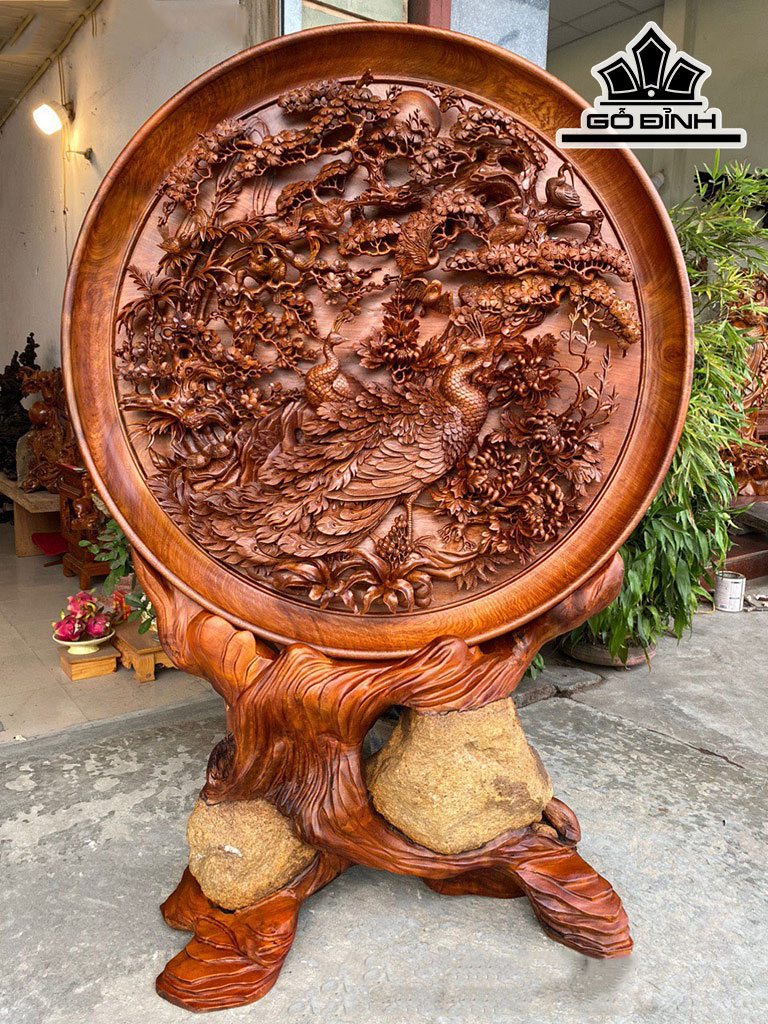 Đĩa Phu Thê Viên Mãn Gỗ Hương Đường Kính 110 Dày 10 Cao 163 (cm)