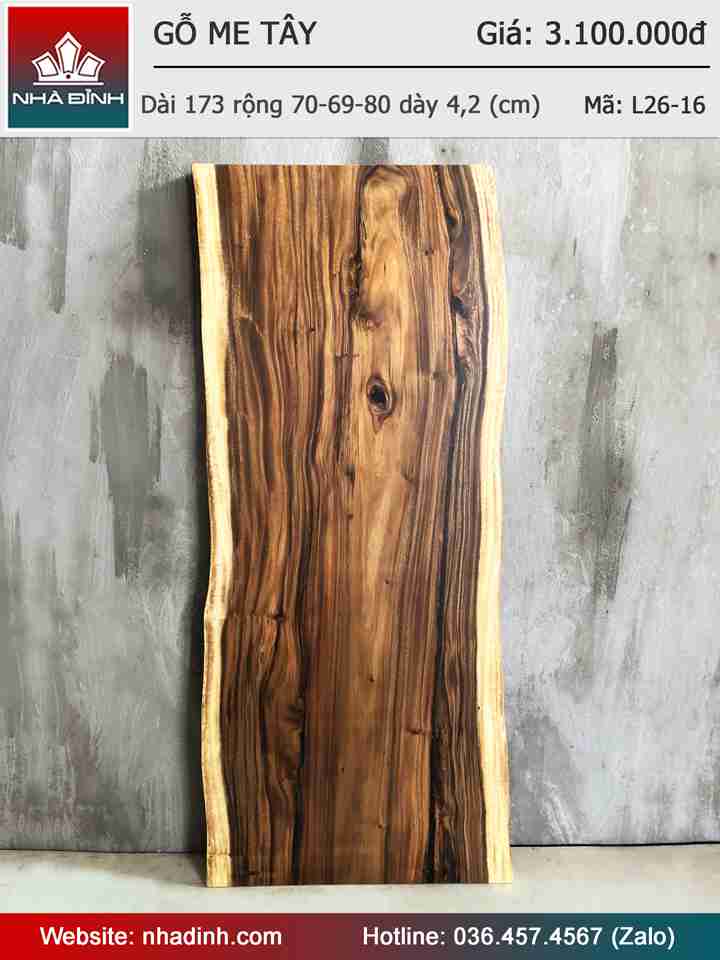 Mặt Bàn Gỗ Me Tây Nguyên Tấm  Dài 173 Rộng 70-69-80 Dày 4,2 (cm)