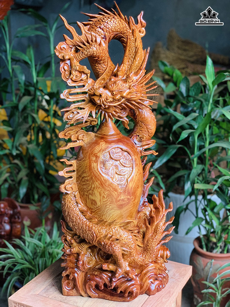 Tượng Nhất Long Chấn Chum Tiền Gỗ Cẩm Cao 75 Ngang 30 Sâu 20 (cm)
