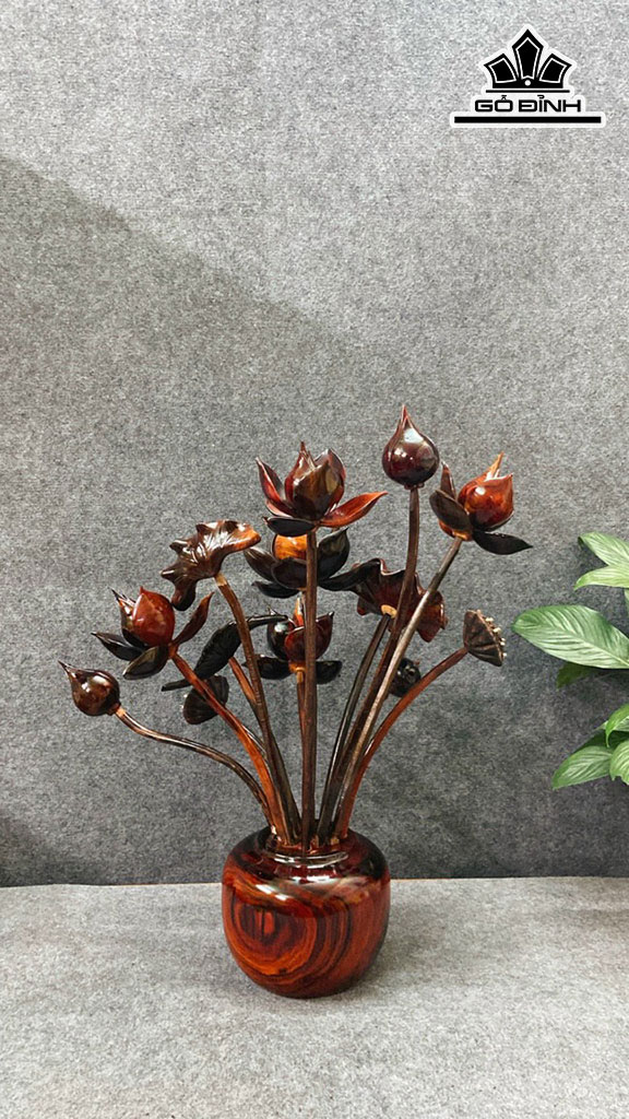 Bình Hoa Sen 13 Bông Gỗ Trắc Cao 60 Ngang 55 Sâu 25 (cm)