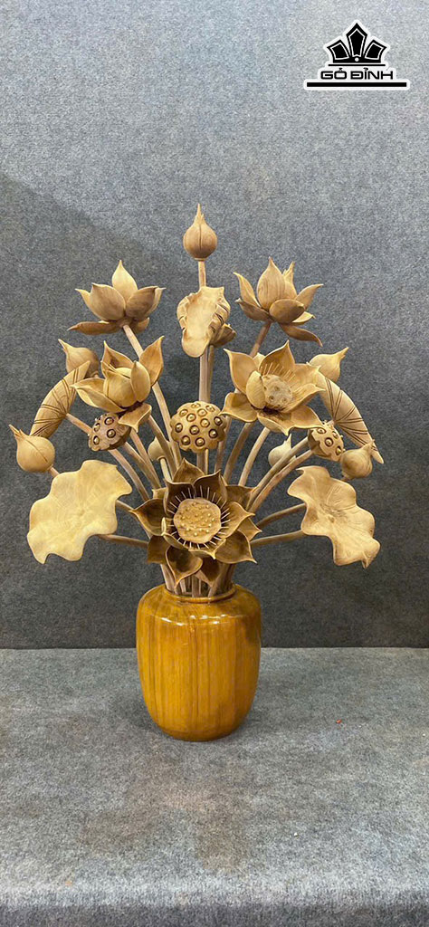 Bình Hoa Sen 21 Bông Gỗ Ngọc Am Cao 80 Ngang 55 (cm)