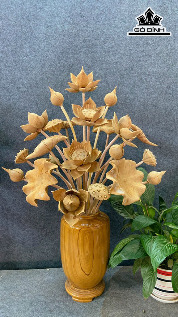 Bình Hoa Sen 23 Bông Gỗ Ngọc Am Cao 95 Ngang 60 Sâu 50 (cm)