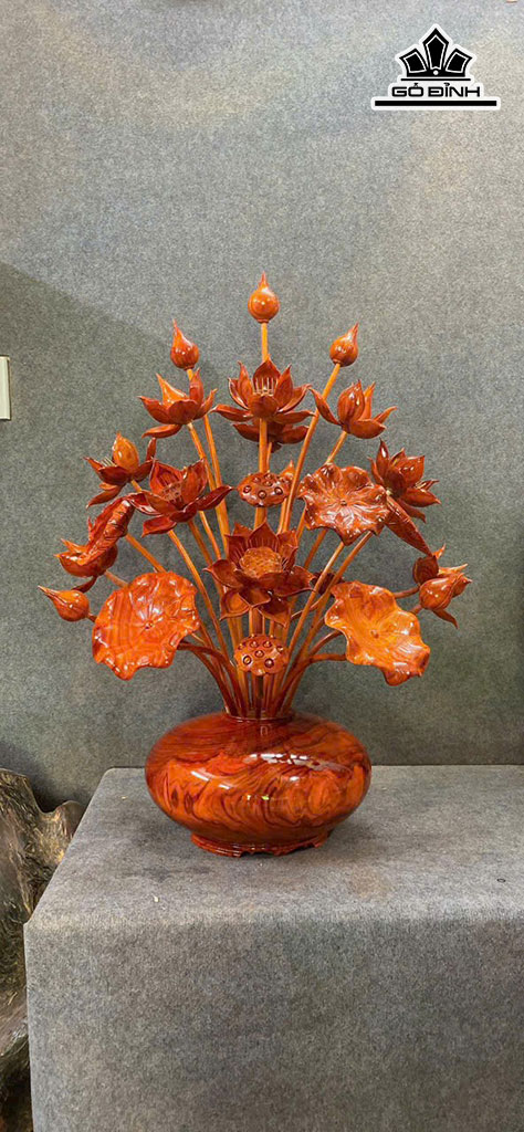 Bình Hoa Sen 27 Bông Gỗ Hương Cao 105 Ngang 65 Sâu 50 (cm)