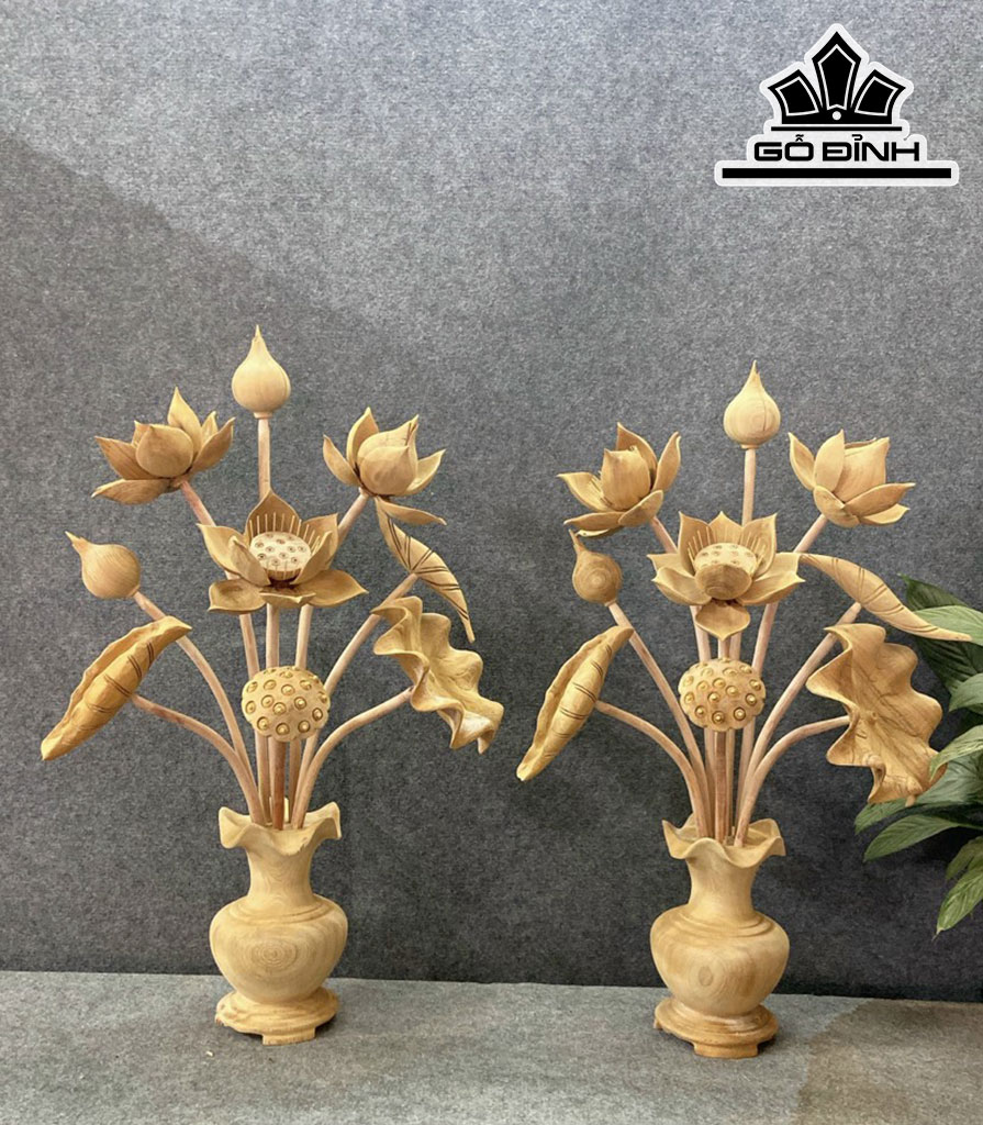 Cặp Bình Hoa Sen 9 Bông Gỗ Ngọc Am Cao 70 Ngang 40 Sâu 15 (cm)