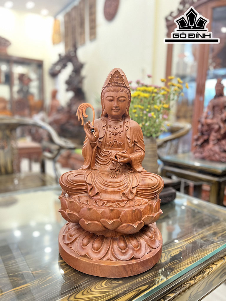 Tượng Phật Bà Quán Thế Âm Ngồi Đài Sen Gỗ Hương Cao 48 Ngang 28 Sâu 28 (cm)