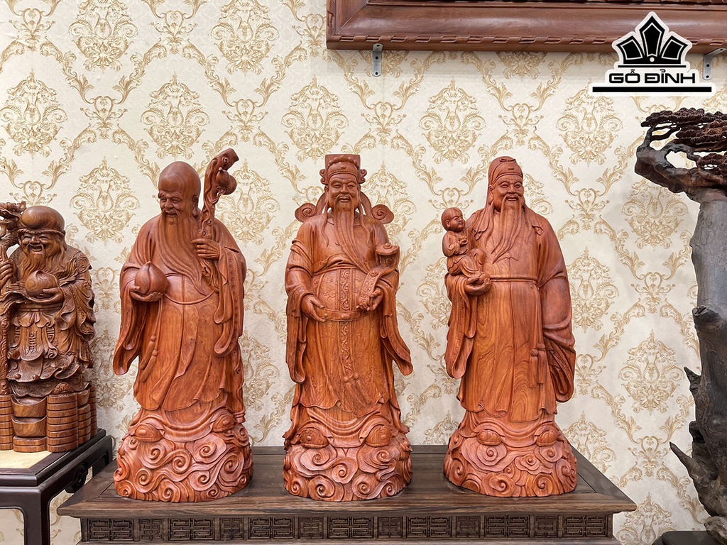 Tượng Phúc Lộc Thọ (Tam Đa) Gỗ Hương Cao 90 Ngang 35 Sâu 30 (cm)