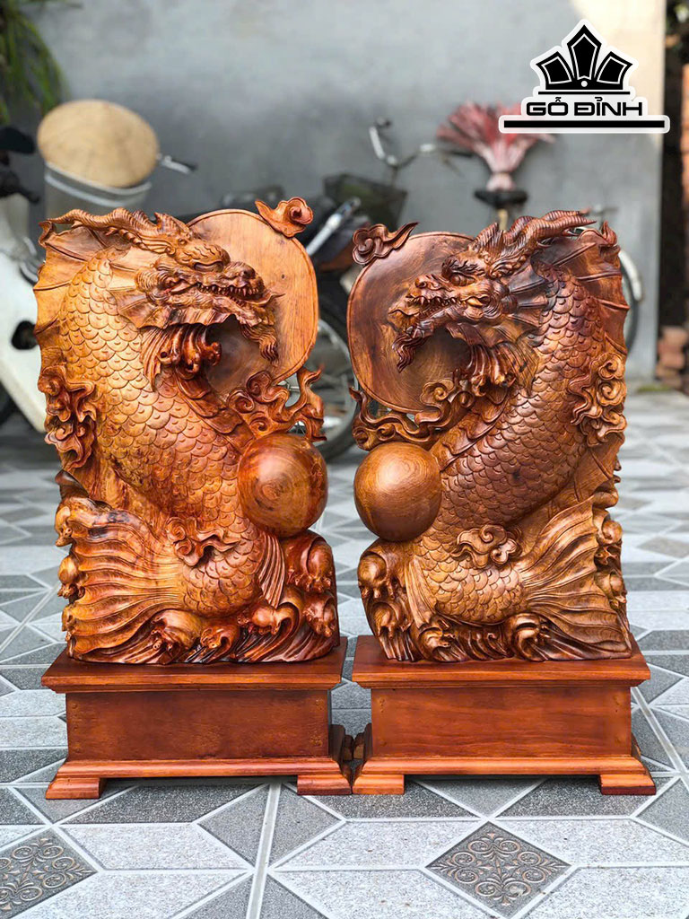 Cặp Cá Chép Hóa Rồng Gỗ Hương Cao 70-68 Ngang 40-37 Sâu 13 (cm)