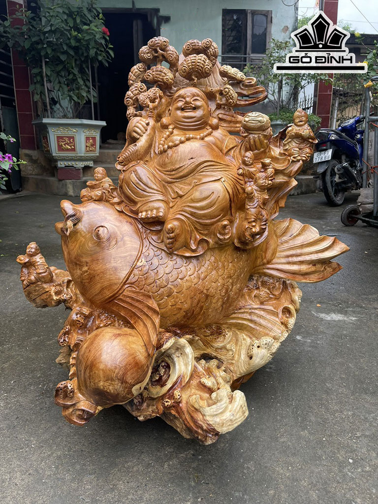 Tượng Phật Di Lặc Ngũ Phúc Vác Nấm Ngồi Cá Chép Gỗ Hương Cao 100 Ngang 100 Sâu 70 (cm)