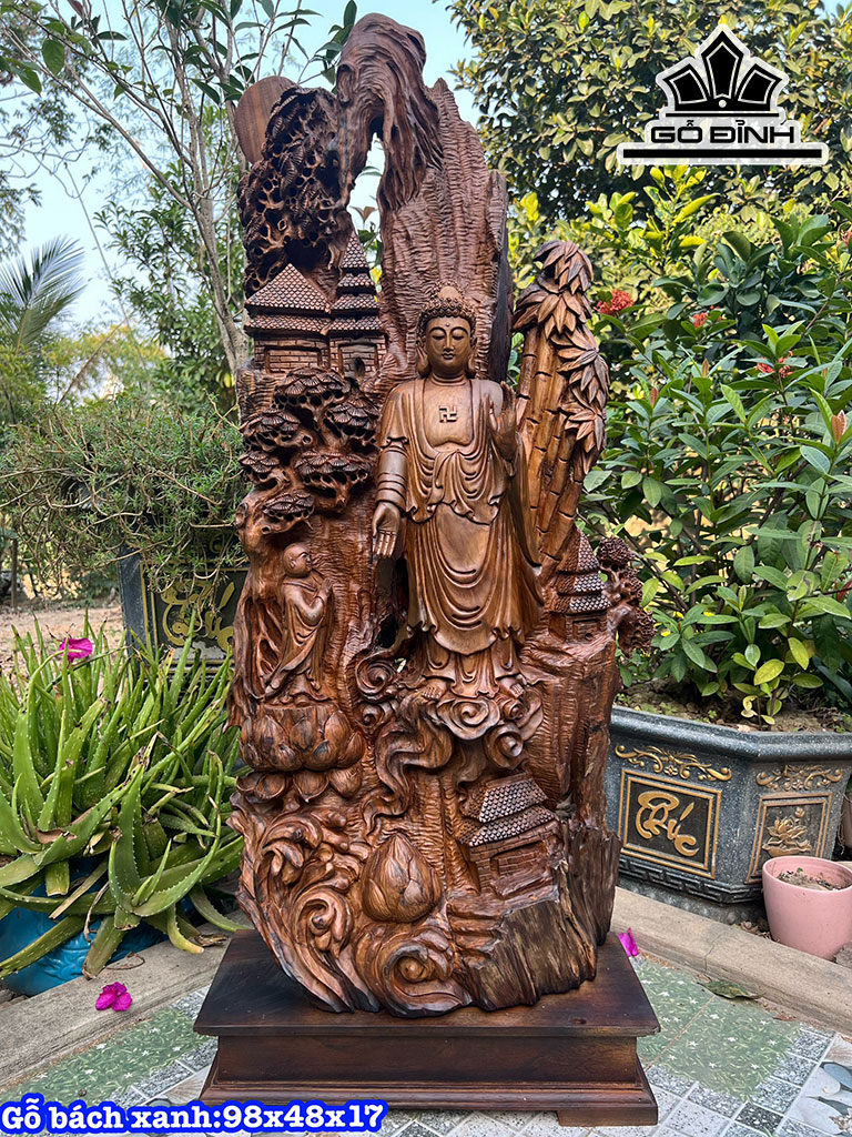 Tượng Nhất Tâm Bái Phật Gỗ Bách Xanh Cao 98 Ngang 48 Sâu 17 (cm)