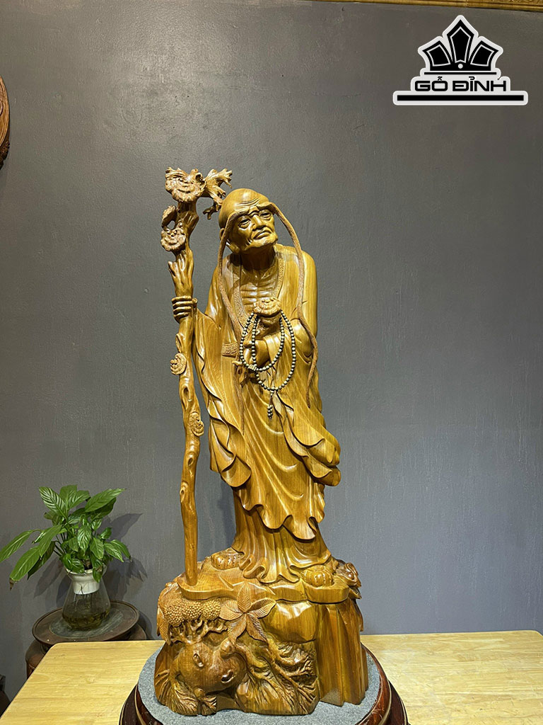 Tượng La Hán Trường Mi Gỗ Ngọc Am Cao 95 Ngang 36 Sâu 22 (cm)