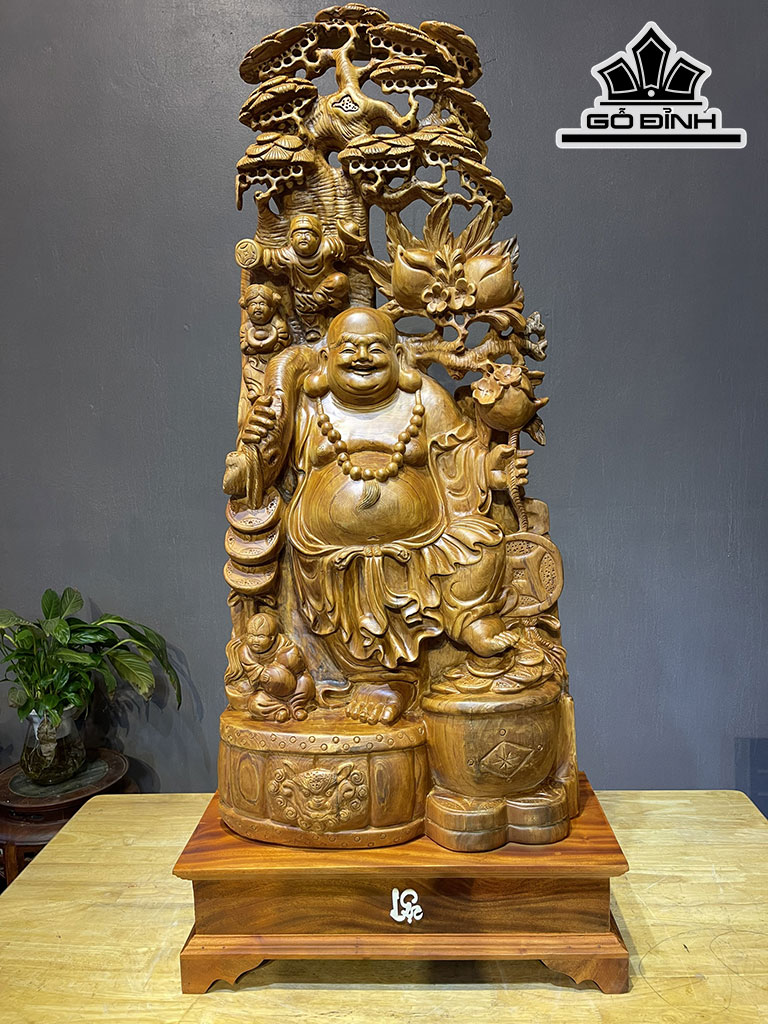 Tượng Phật Di Lặc Ngũ Phúc Tọa Đài Sen Gỗ Ngọc Am Cao Cả Kỷ 118 Ngang 48 Sâu 16 (cm)