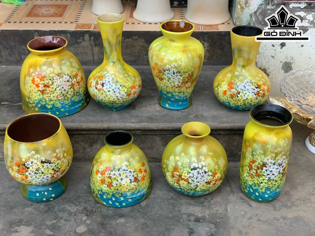 Set Bình Tone Vàng Cắm Cúc Chi Gốm Bát Tràng