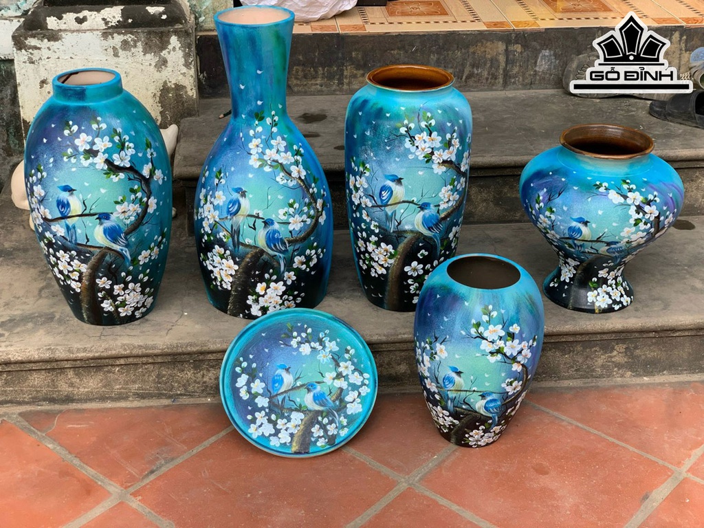 Set Chim Hoa Mận Tone Trầm Gốm Bát Tràng