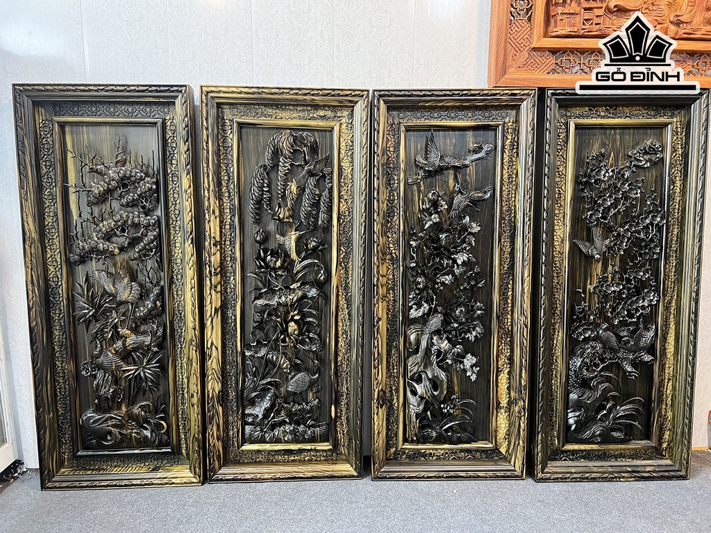 Bộ Tranh Tứ Quý Gỗ Mun Hoa Cao 125 Ngang 51 Sâu 6,5 (cm)