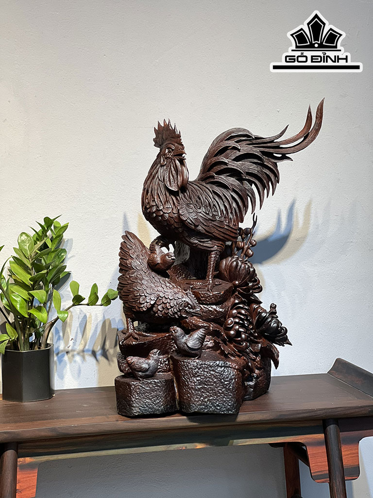 Tượng Gia Đình Gà Gỗ Trắc Cao 63 Ngang 41 Sâu 33 (cm)