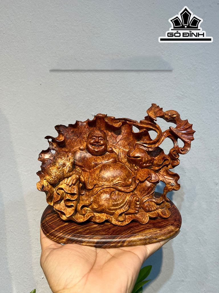 Tượng Phật Di Lặc Gỗ Nu Hương Cao 14 Ngang 21 Sâu 10 (cm)