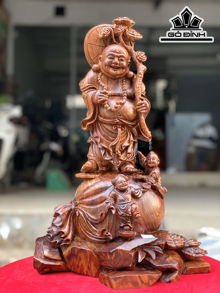 Tượng Phật Nhị Phúc Đứng Bao Tiền Gỗ Sưa Cao 46 Ngang 30 Sâu 20 (cm)