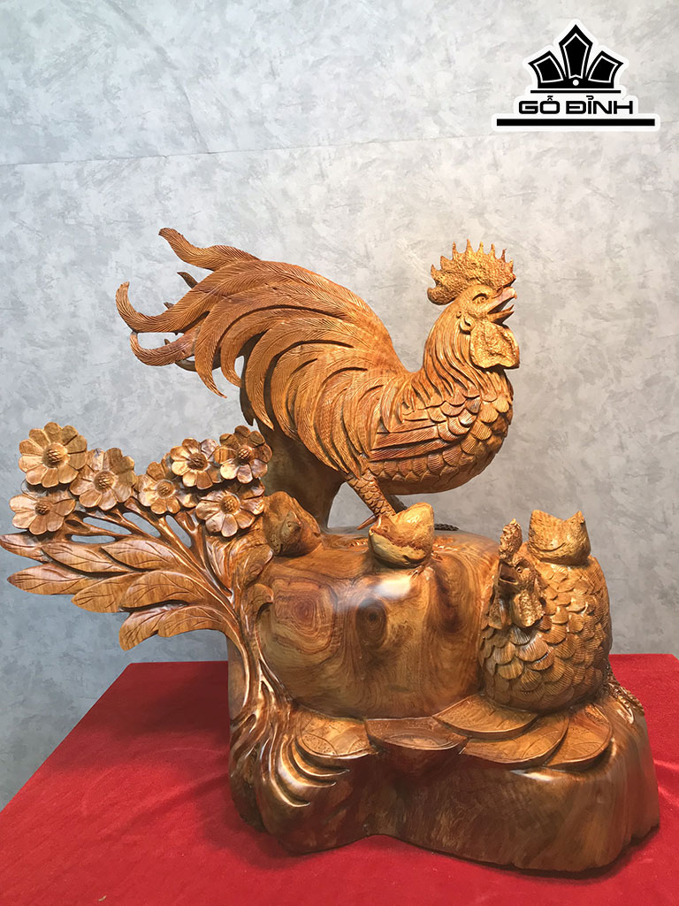 Tượng Gia Đình Gà Gỗ Hương Cao 44 Ngang 50 Sâu 28 (cm)