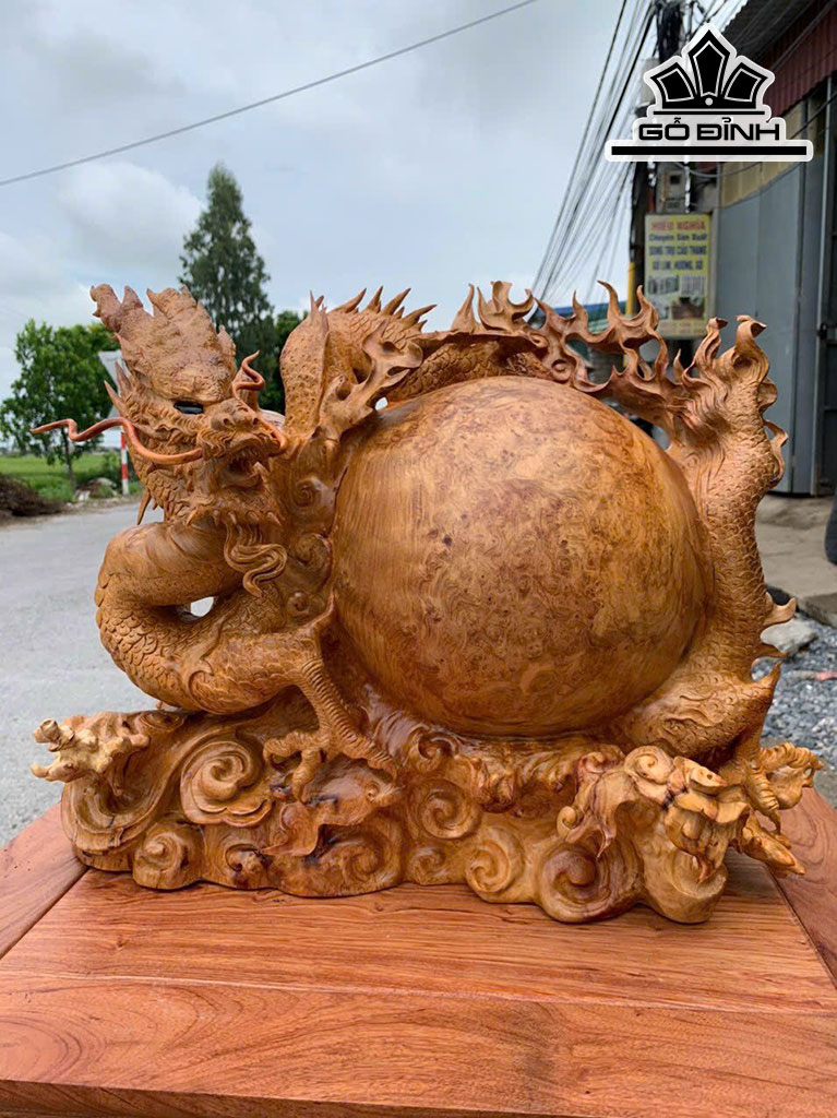 Tượng Nhất Long Vờn Ngọc Gỗ Nu Hương Cao 38 Ngang 52 Sâu 24 (cm)