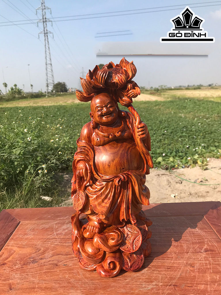 Tượng Phật Di Lặc Vác Cành Sen Gỗ Sưa Cao 36 Ngang 17 Sâu 17 (cm)