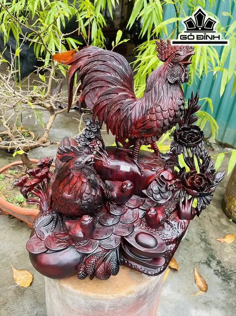 Tượng Gia Đình Gà Gỗ Trắc Cao 47 Ngang 51 Sâu 30 (cm)