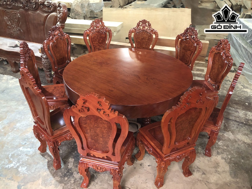 Bộ Bàn Tròn Gỗ Cẩm Đường Kính 167 Dày 18 (cm)