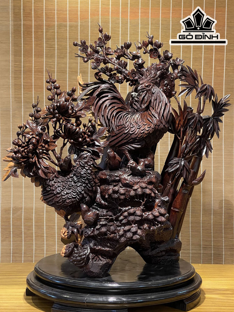 Tượng Gia Đình Gà Gỗ Trắc Cao 80 Ngang 79 Sâu 45 (cm)
