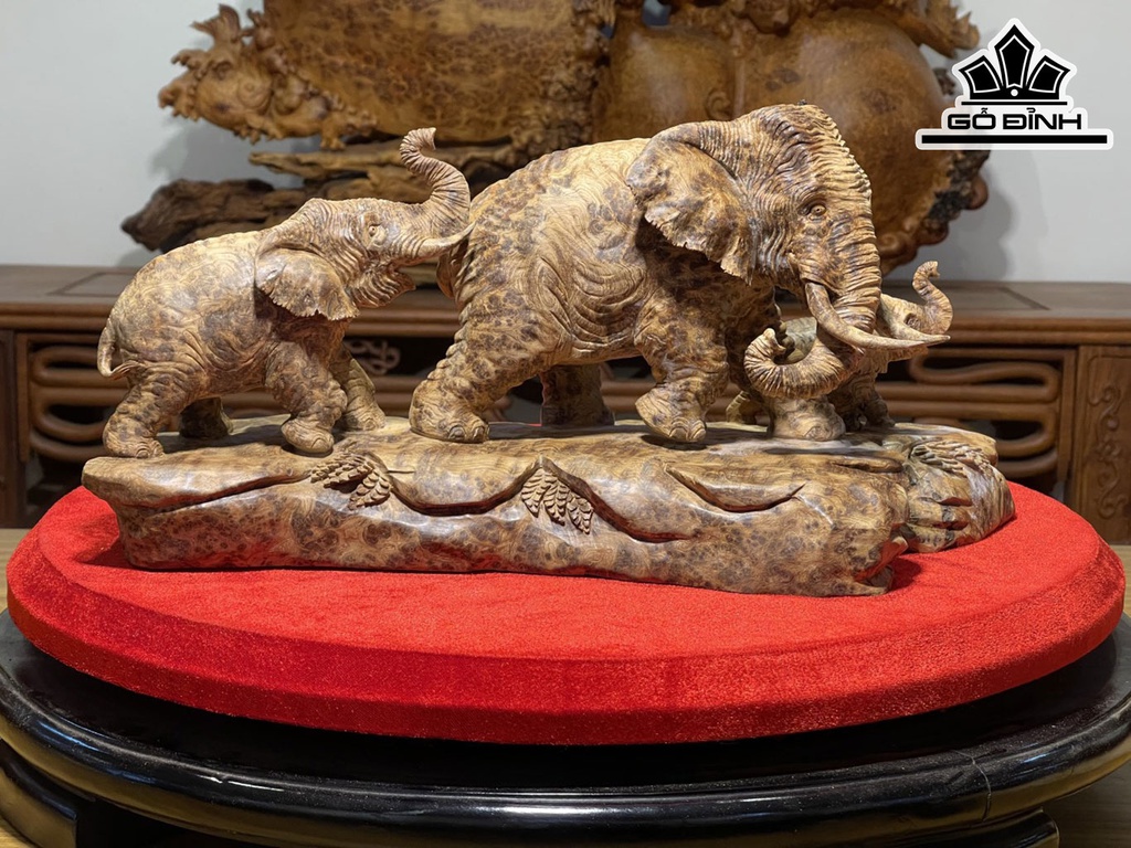 Tượng Gia Đình Voi Gỗ Nu Ngọc Am Cao 22 Ngang 45 Sâu 21 (cm)