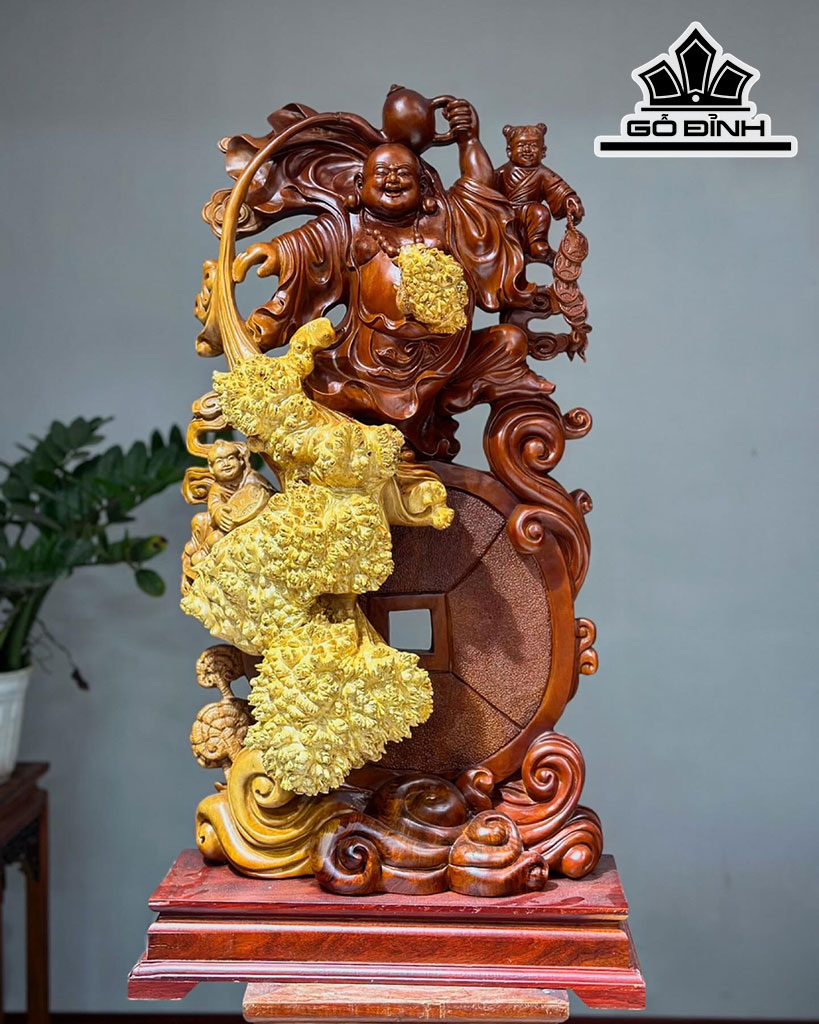 Tượng Phật Di Lặc Nhị Phúc Gỗ Nu Gõ Cao Cả Kỷ 87 Ngang 42 Sâu 20 (cm)