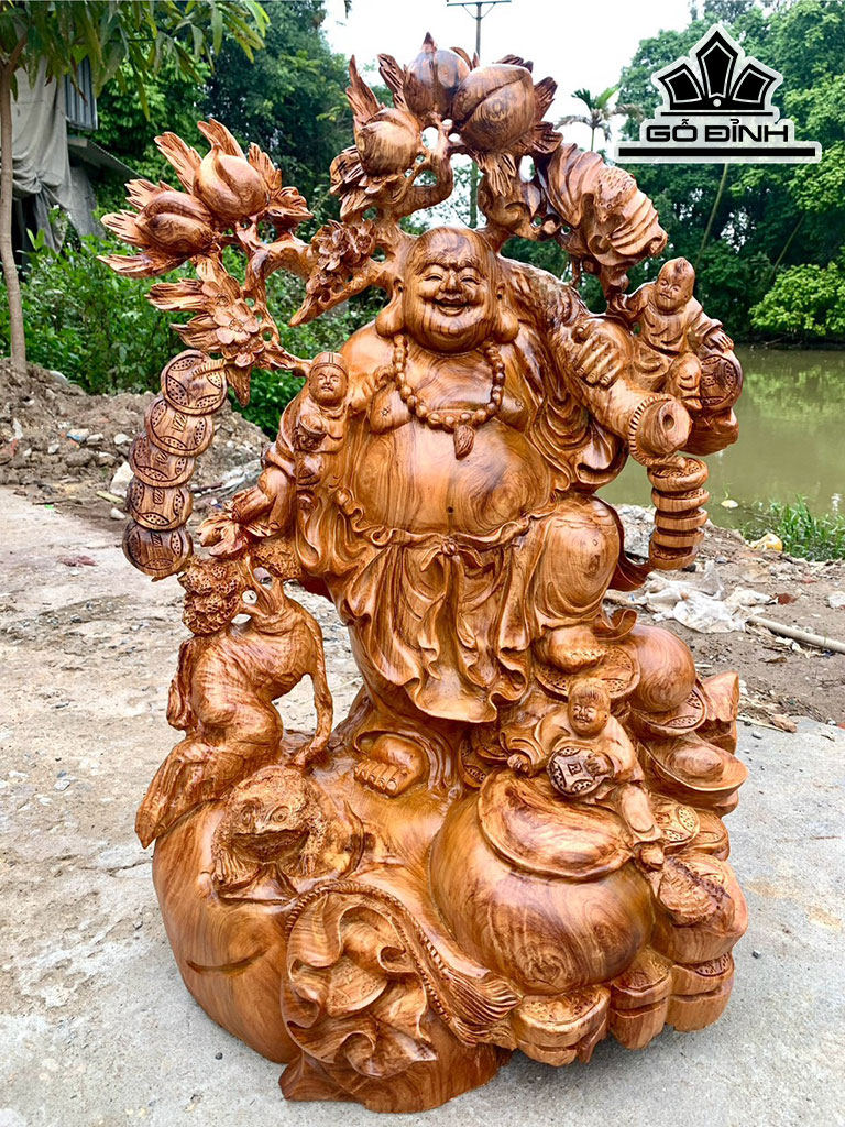 Tượng Phật Di Lặc Vác Cành Đào Gỗ Hương Cao 76 Ngang 56 Sâu 44 (cm)
